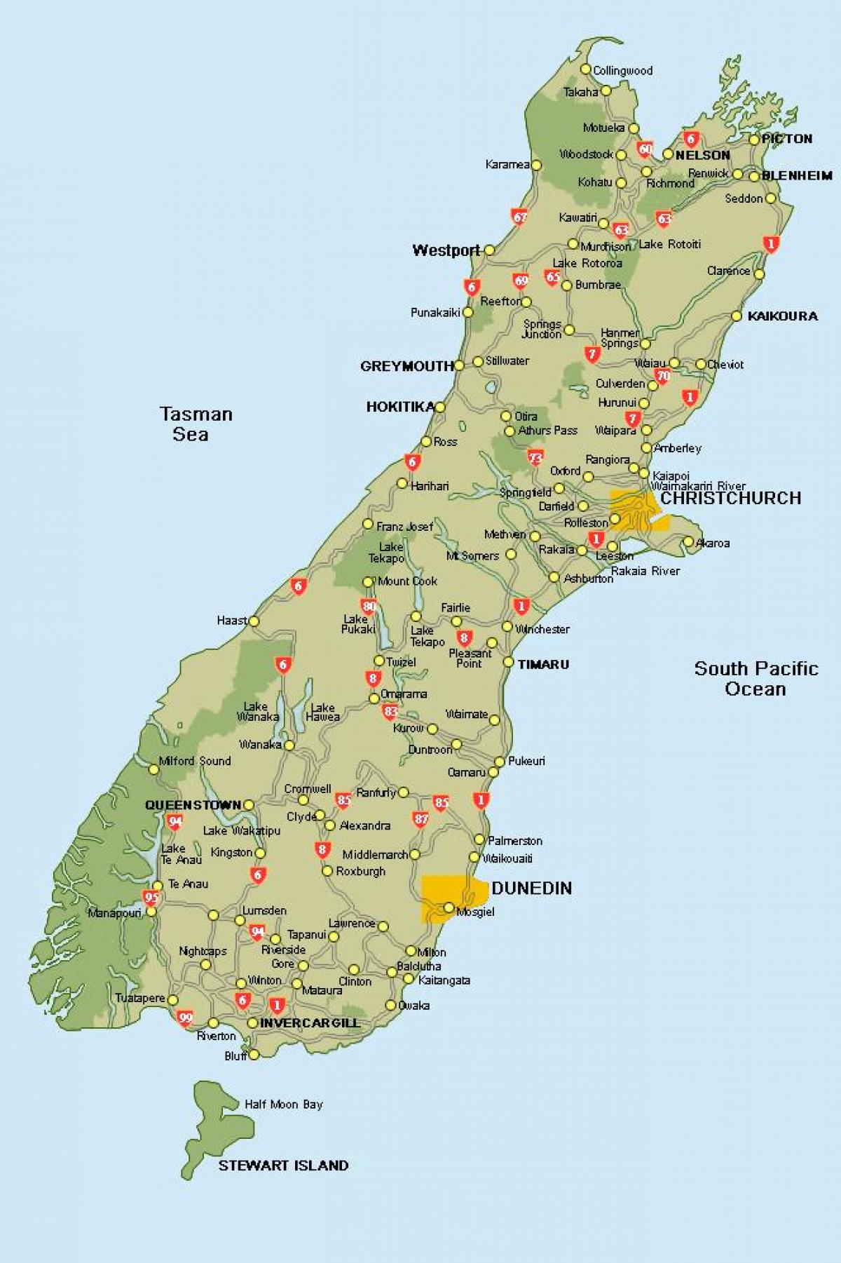 ניו זילנד מפת האי הדרומי מפת הדרכים