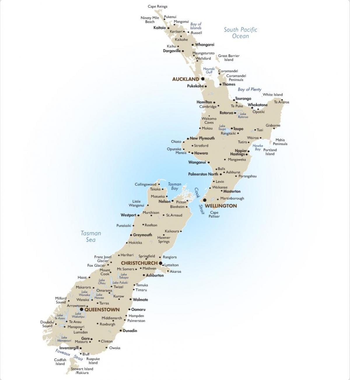 מפה של ניו זילנד עם ערים גדולות.