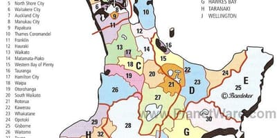 מפה של ניו זילנד, באי הצפוני. אזורים ומחוזות