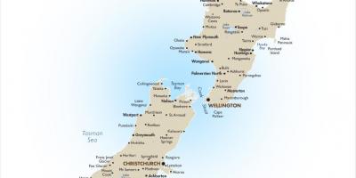 מפה של ניו זילנד עם ערים גדולות.